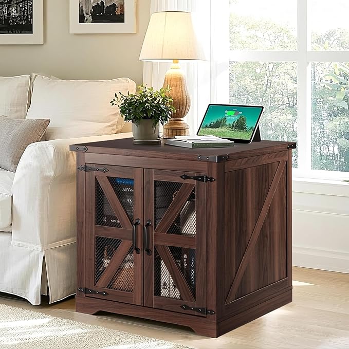 Farmhouse End Table, 24" Large Sofa Side Table with Charging Station, Mesh Barn Door, Rustic Wood Nightstand with Adjustable Storage Shelf, Square Nightstand for Living Room-Ruum Studio Home