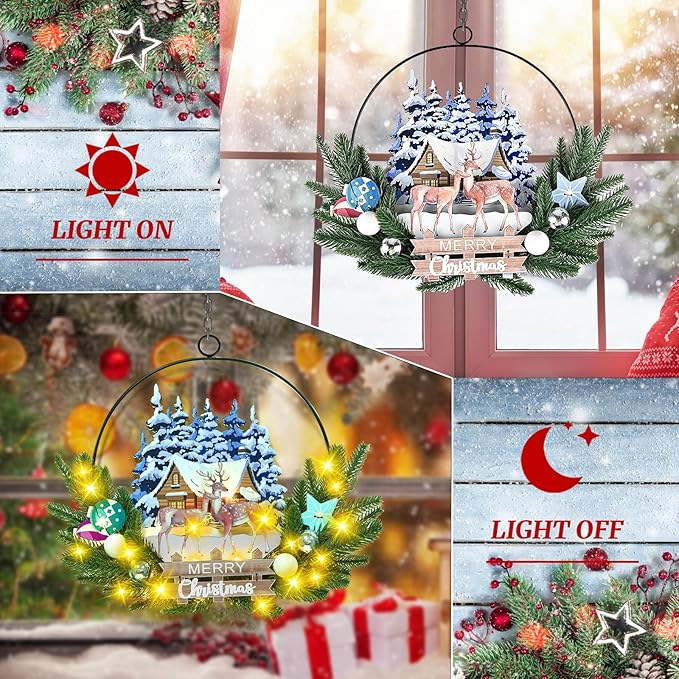 Light up Christmas Wreaths for Front Door, Welcome Metal Wooden Door Wreath Decor Hanging Sign, 30 LED Lighted Wall Decor Battery Operated for Halloween Indoor Outdoor (Deer)-Ruum Studio Home