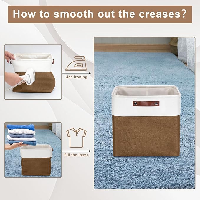 13x13 Cube Storage Bins, Collapsible Fabric Storage Box, 4 Pack Closet Baskets with Handles for Organizing, Shelf, Toys, Clothes, Home, Office, Nursery (Brown&White)-Ruum Studio Home