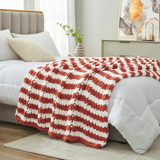 Amélie Home Chunky Knit Throw Blanket for Couch, Soft Chenille Crochet Blanket for Sofa, 50"x60", Burnt Orange & White Striped-Ruum Studio Home