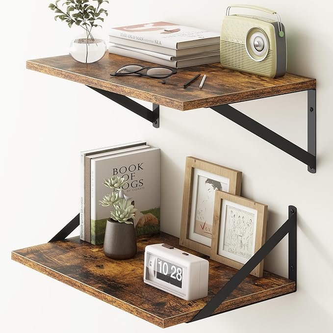 18"W x12"D Floating Shelves, Farmhouse Wall Shelves Home Decor Shelf, Deep Bathroom Shelf with Bracket, 12 Inch Deep Wall Shelves for Living Room, Kitchen, Bedroom, Rustic Brown, Set of 2-Ruum Studio Home