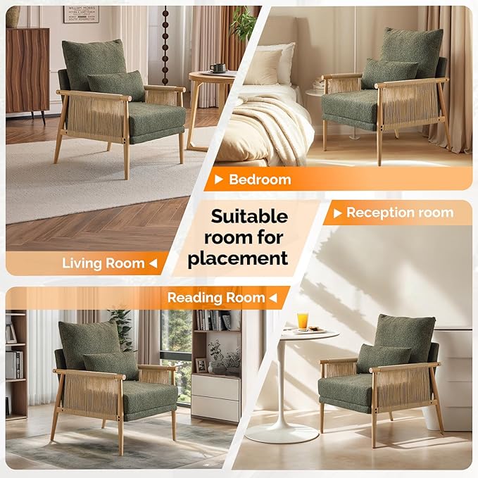 VINGLI Boho Braid Accent Armchair,Mid-Century Modern Chiar with Solid Wooden Armrest,Comfy Louge Cushion Chair with Waist Pillow for Bedroom,Living Room,Reading Room, Dark Green-Ruum Studio Home