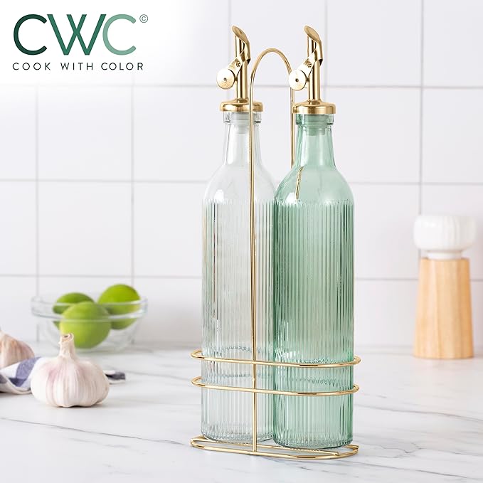 COOK WITH COLOR Glass Olive Oil Bottle Dispenser - 2 Pack- 17oz Oil and Vinegar Cruet - Olive Oil Carafe Decanter for Kitchen-Ruum Studio Home