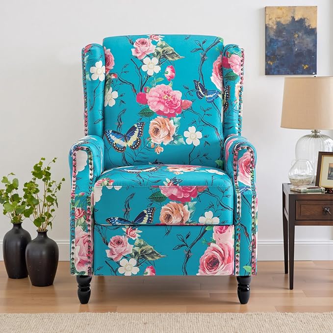 UIXE Floral Pushback Recliner Chair, Fabric Upholstered Armchair Push Back Accent Chair for Living Room, Rivet Trim Club Chair Home Theater Single Sofa Reading Seat - Peacock Blue-Ruum Studio Home