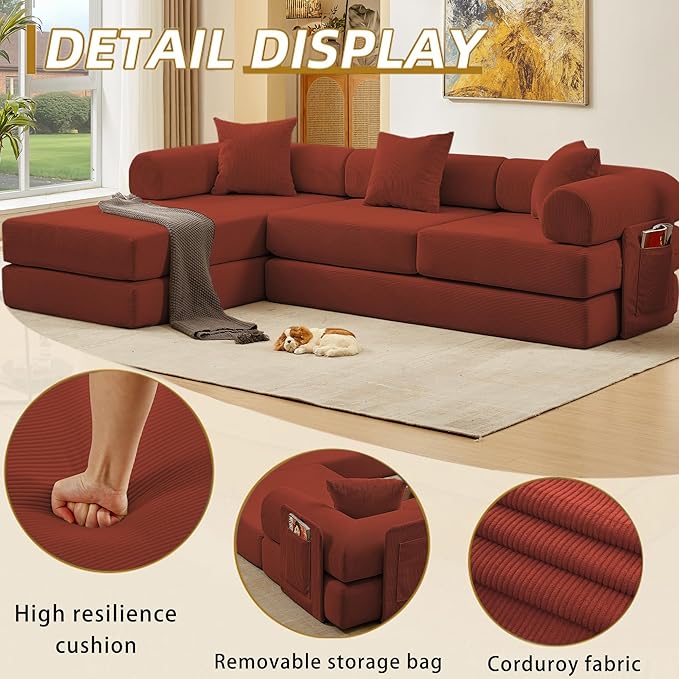 107" Oversized Convertible Sleeper Sofa Bed, Corduroy L Shape Sectional Couch, Folding Sofa Bed with Side Pocket, Modern Cloud Floor Mattress Couch, Modular Sofa for Living Room, Red-Ruum Studio Home