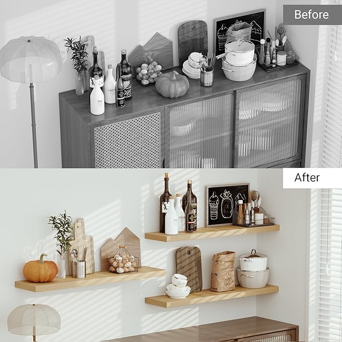 Single Floating Shelves Oak 48 Inches, 48 x 10 inch Deep x 1.8 in Thick, Long Wall Shelves Heavy Duty 80 lbs for Bedroom, Living Room, Kitchen, Office, Modern Shelf Book Home Decor-Ruum Studio Home