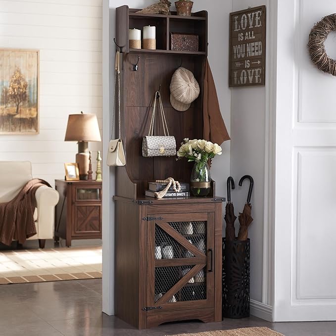 JXQTLINGMU 23" Farmhouse Hall Tree with Shoe Storage, Entryway Bench with 6 Cubbies, 5 Hooks & Barn Doors, Mudroom Coat Rack Cabinet, Brown-Ruum Studio Home