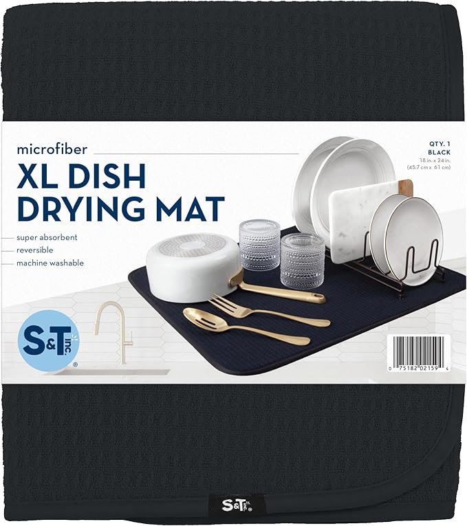 S&T INC. Dish Drying Mat XL, 18” x 24”, Absorbent Microfiber Kitchen Counter Mat, Dish Drying Pad for Dishes, Utensils, Pots and Pans, Extra Large, Black-Ruum Studio Home