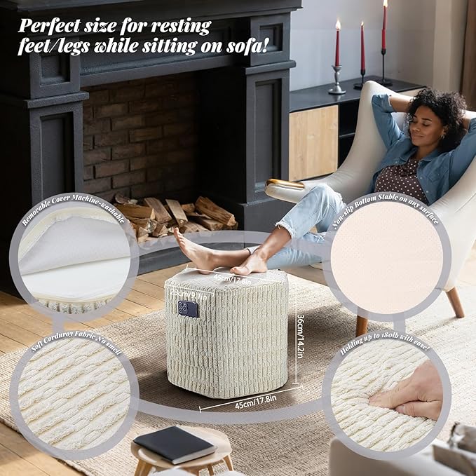 Hexagon Pouf Ottoman Stuffed with 2 Pockets & Handle, Comfort Corduroy Poufs, Non-Slip Foot Stool Storage Ottoman, Foam Floor Poufs Foot Rest for Couch, Bedroom (Beige)-Ruum Studio Home
