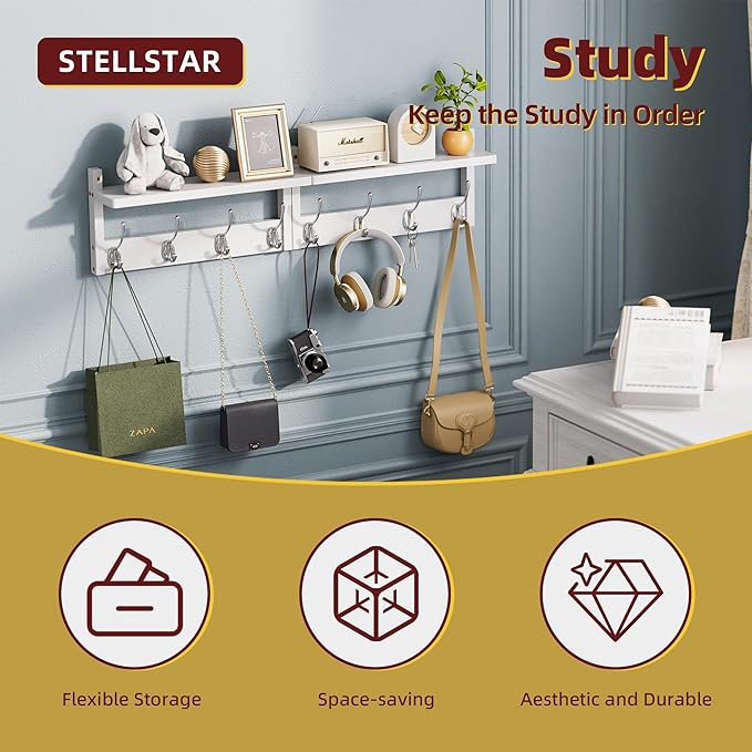 2 Pack Coat Rack Wall Mount, Bamboo Coat Hook with Storage Shelf, Coat Hanger with 8 Dual Hooks, Wall Floating Shelf for Entryway Hallway Kitchen, Bathroom, Bedroom (White+Slive)-Ruum Studio Home