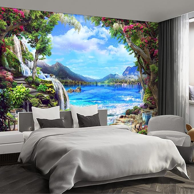 Landscape Lake Waterfall Wall murals Peel and Stick Wallpaper for Bedroom Living Room - 108"x157"-Ruum Studio Home