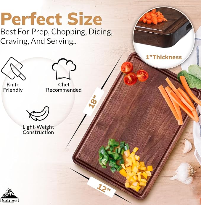 Handcrafted Walnut Wood Cutting Board 18x12, Non Toxic Kitchen Chopping Board with Juice Groove Charcuterie Serving Board, Eco & Knife Friendly Small Wooden Cutting Boards for Kitchen, Restaurant Use-Ruum Studio Home