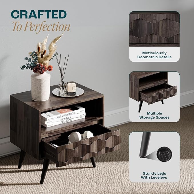 Bme Georgina Solid Wood Nightstand with 1 Drawer & Open Shelf- Fully Assembled Mid Century Modern Side Table - Geometric Pattern Bedside Dresser for Bedroom and Living Room, Mocha-Ruum Studio Home