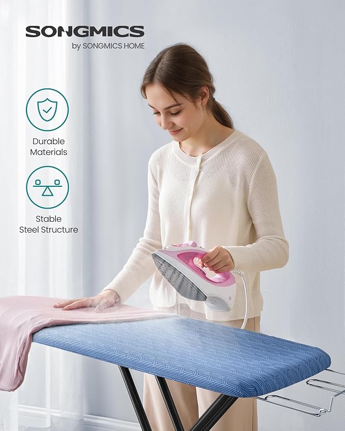 SONGMICS Ironing Board, Foldable Iron Board, Height Adjustable up to 35 Inches, with 4 Layered Cover and Pad, Iron Rest, Hook, Steel X-Legs, for Home, Laundry Room, Dorm, Midnight Blue ULLB001Q01-Ruum Studio Home