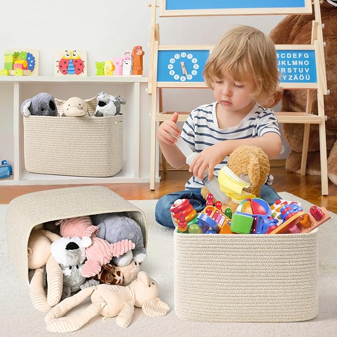 3-Pack Shelf Baskets for Organizing, Woven Storage Basket for Shelves, Cotton Rope Storage Bins for Toys Books, Nursery Towel Baskets for Classroom, 14.96"X9.8"X8.85", Brown-Ruum Studio Home