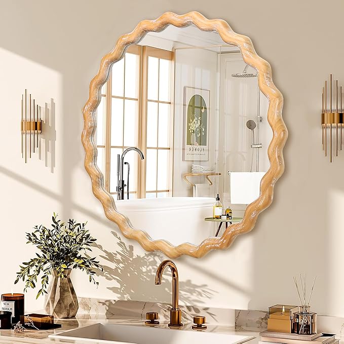 Wavy Mirror 27.5x27.5 Inch, Decorative Bathroom Mirror with Natural Wood Frame, Entry Way Mirrors for Wall, Shatterproof Glass, Mirrors for Wall Decor-Ruum Studio Home