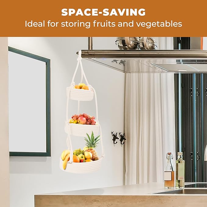 REGAL TRUNK Hanging Fruit Baskets for Kitchen - 3 tiers Fruit Baskets Hanger - Macrame Fruit Hammock - White Boho Wall Decor - Produce and Vegetable Tiered Storage Holder - 3x10x27.5 in-Ruum Studio Home