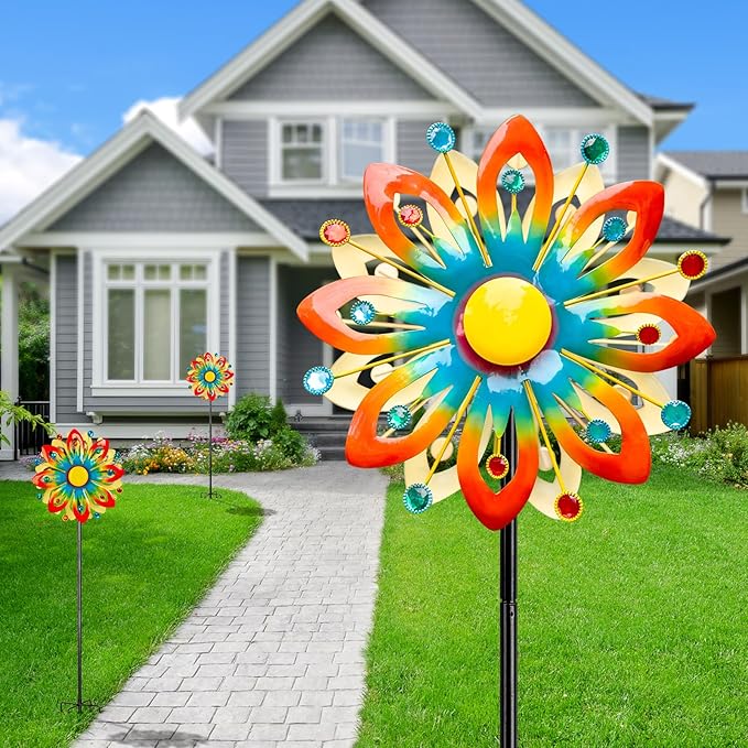 Soalr Wind Spinners -60.63 Inch Outdoor Metal Stake Yard Wind Sculptures, Solar Powered Multi-Color LED Glass Ball with Kinetic Wind Spinner Windmills for Outdoor Lawn & Garden Decoration-Ruum Studio Home