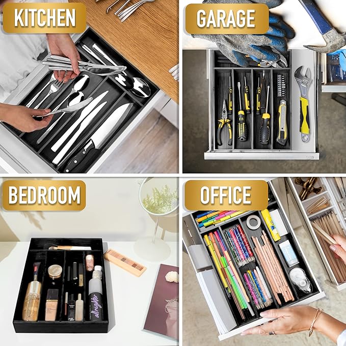 Bamboo Silverware Holder - Drawer Organizer with 5 Slots (Black)-Ruum Studio Home