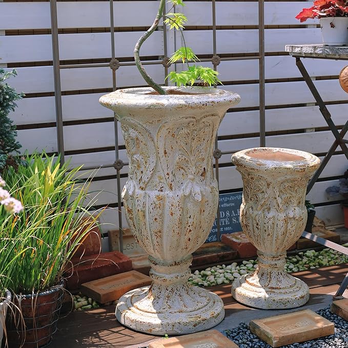 VISIBLE Vintage European Giant Garden Urn Planter, Decorative Cement and Fiber Flower Pot, Make Rust Finished, Wrap Foam Safely Delivered from Los Angeles (Vintage, Medium)-Ruum Studio Home