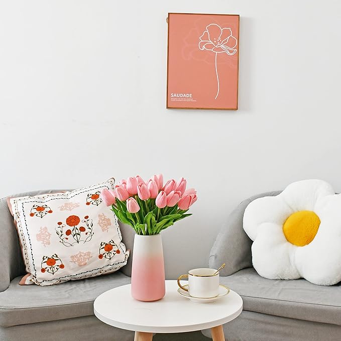 Mandy's Artificial Tulips 28 Stems Light Pink with Gradient Pink Vase PU Faux Flowers for Wedding Home Decor 13.5 Inch-Ruum Studio Home
