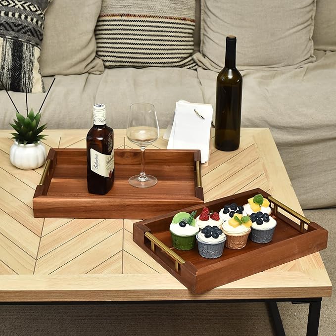 Set of 2 Acacia Wood Serving Trays with Gold Metal Handles for Food Serving, Appetizers & Snacks - Ideal for Bed, TV, Ottoman or Coffee Table Décor, Home Decoration Accessory 15.75x11.8 Inch-Ruum Studio Home