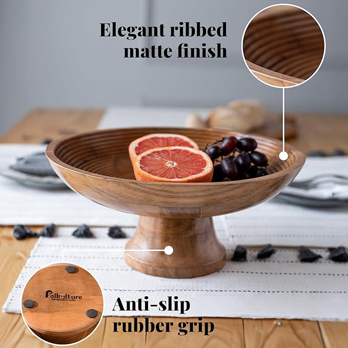 Folkulture Wooden Fruit Bowl for Kitchen Counter | 12" Large Premium Eco Friendly Banana Fruit Basket for Kitchen | Acacia Wood Bowl with Holder, Pedestal for Table Decor, Centerpiece for Dining Table-Ruum Studio Home