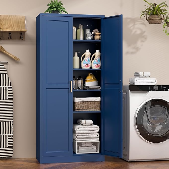 71" Metal Pantry Cabinet, Tall Kitchen Pantry Storage Cabinet with 4 Adjustable Shelves and Gold Handles, Blue Cupboard for Kitchen, Dining Room, Living Room-Ruum Studio Home