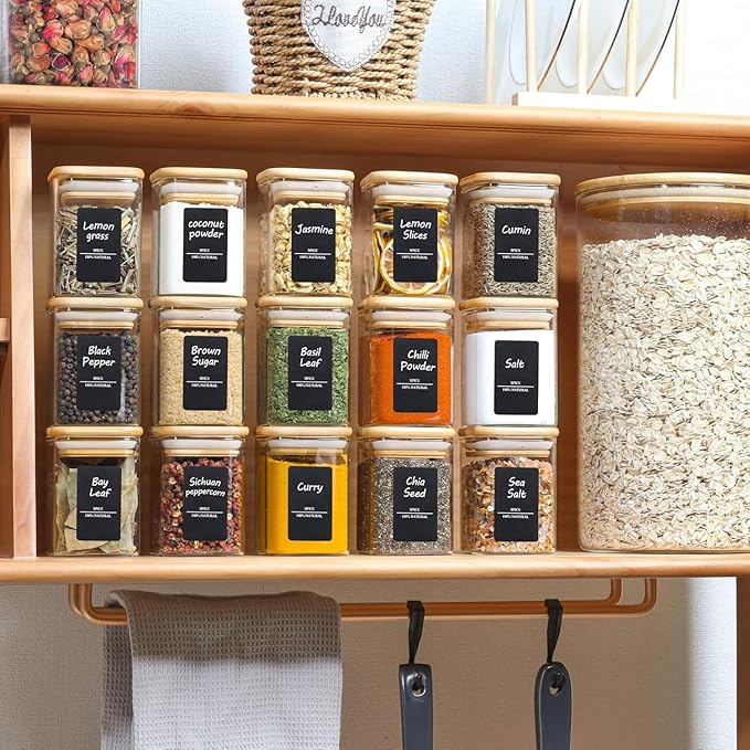 ComSaf 6Pcs 6 oz Spice Jars with Label Trial Set, Glass Spice Jars with Bamboo Lids Supplementary Set, Seasoning Container Trial Pack, Perfect for Ktichen Starter-Ruum Studio Home
