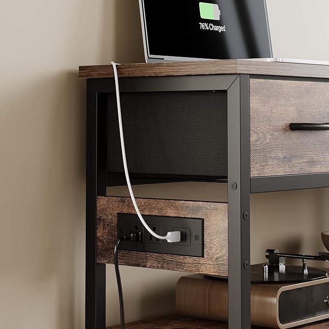 Lulive Entryway Table with Power Outlets, Console Table with 3 Fabric Drawers, Sofa Table for Living Room, Hallway, Couch, Foyer, Height Adjustable (Rustic Brown, 43")-Ruum Studio Home