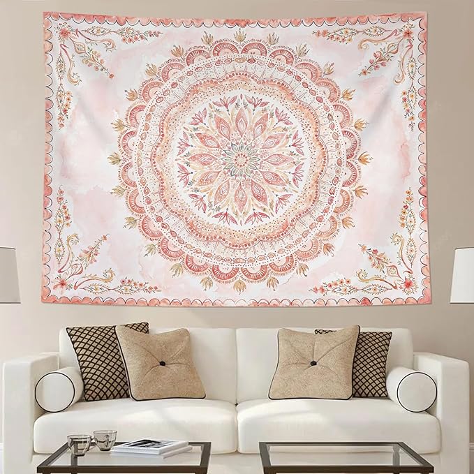 Fowocu Boho Floral Mandala Tapestry Wall Hanging Pink Bohemian Flower Medallion Tapestry Aesthetic Watercolor Hippie Indian Small Tapestries for Bedroom Living Room Dorm Decor 60 x 44 Inch-Ruum Studio Home
