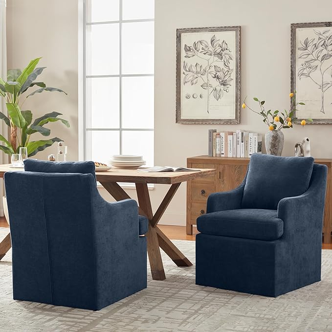 VKNOW Upholstered Dining Chairs Set of 2, Modern Kitchen Chairs Dinner Chairs with 4 Casters, Linen Armchair for Bedroom Reading Room Living Room, Navy-Ruum Studio Home