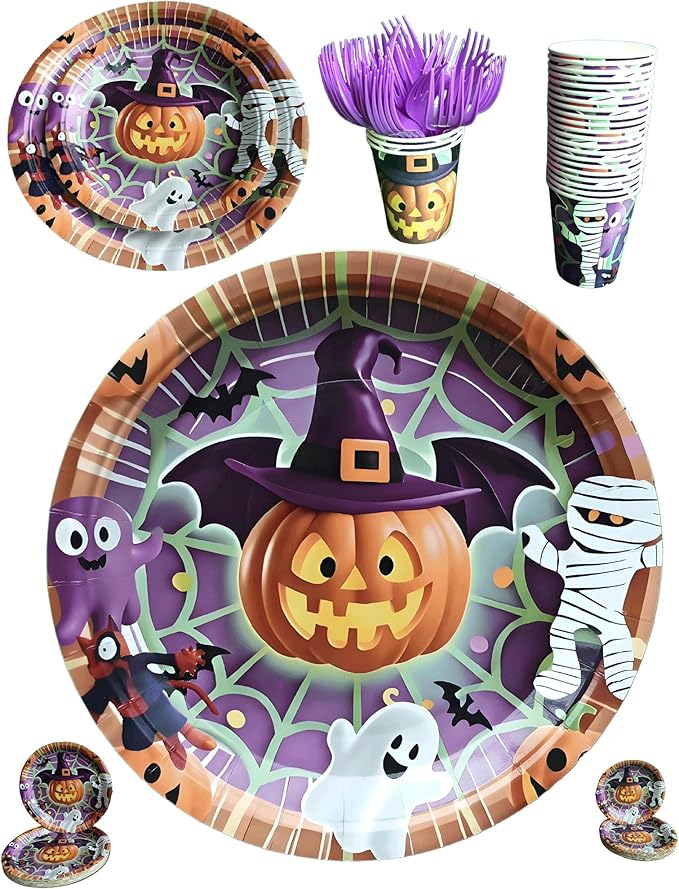 Halloween Paper Plates,Cups,Forks(96Pcs)-Disposable Party Plates Heavy Duty,Party Supplies Tableware Set|Paper Plates 9 inch & 7 inch,Spooky Decor(Flying Pumpkin,Ghost,Zombie,Bat) for Kids Halloween-Ruum Studio Home