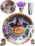 Halloween Paper Plates,Cups,Forks(96Pcs)-Disposable Party Plates Heavy Duty,Party Supplies Tableware Set|Paper Plates 9 inch & 7 inch,Spooky Decor(Flying Pumpkin,Ghost,Zombie,Bat) for Kids Halloween-Ruum Studio Home