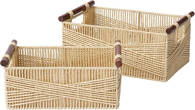 LA JOLIE MUSE Wicker Storage Baskets for Organizing, Recyclable Paper Rope Basket with Wood Handles, Decorative Hand Woven Basket Organizers for Makeup Books Shelves Living Room, Beige, Set of 2-Ruum Studio Home