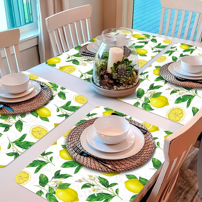 Lemon Placemats Set of 6 Summer Plastic Table Mats Yellow Lemonade Theme Place Mats Washable Vinyl Rustic Holiday Table Decoration for Indoor Outdoor Party Kitchen Dining-Ruum Studio Home