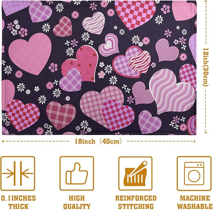 Pink Love Hearts Valentine's Day Placemats Set of 4 Seasonal Valentines Anniversary Wedding Linen Table Mats Pink Black Washable Place Mats for Party Kitchen Dining Outdoor Indoor Decor 12x18 Inch-Ruum Studio Home