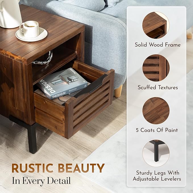 Bme Millie Solid Acacia Wood Rustic Nightstand with Drawers & Open Shelf, Pre-Assembled Industrial Modern Side Table for Living Room, Bedroom-Ruum Studio Home