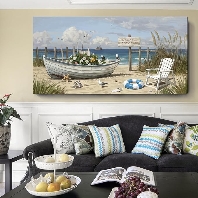amatop Oversized Coastal Canvas Wall Art – Nautical Seaside Landscape Floral Boat on Sandy Beach Ocean Seabirds Horizontal Decor Large Wildflower Nature Artwork for Living Room Bedroom Office 58×29 Inch-Ruum Studio Home