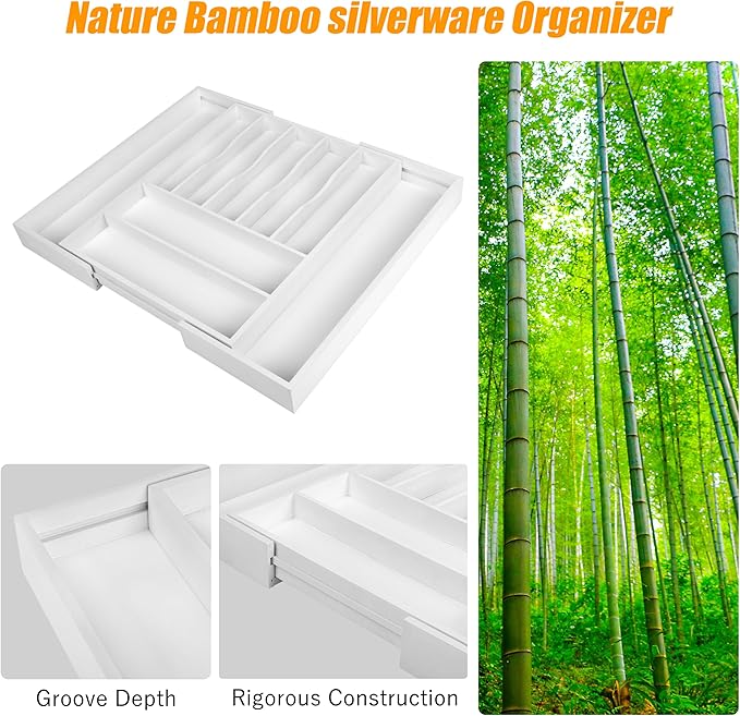 Bellsal Large Premium Bamboo Silverware Organizer - Expandable Utensil Drawer Organizer - 17"x19.6" Utensil Holder and Cutlery Tray with Grooved for Kitchen Flatware and Utensils(7-9 Slot, White)-Ruum Studio Home