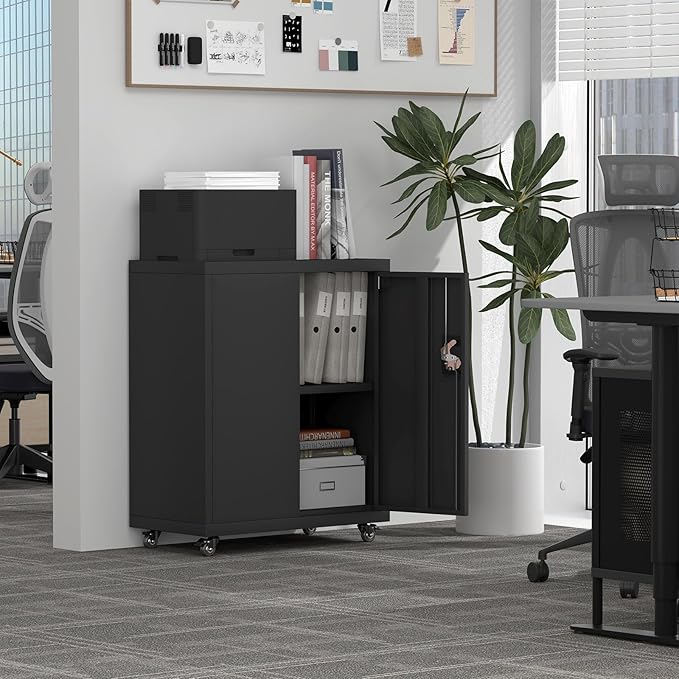 Metal Storage Cabinet with Wheels,Lockable Steel Rolling Storage Cabinet with 2 Doors for Garage,Home Office,Assembly Required,Black-Ruum Studio Home