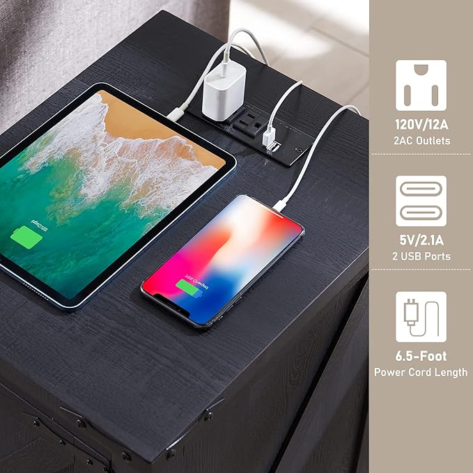 JXQTLINGMU Nightstand with Charging Station, Rectangular Farmhouse End Table with Barn Door and Adjustable Storage Shelf, 17" Deep Wood Rustic Sofa Side Table for Living Room, Bedroom, Black-Ruum Studio Home