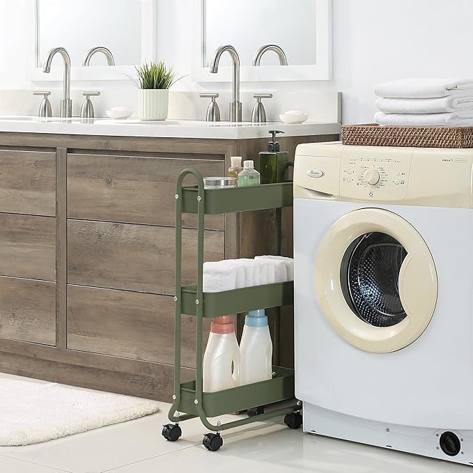 SunnyPoint Slim Rolling Storage Cart, 3 Tier Bathroom Storage Organizer Bathroom, Laundry Utility Cart (Army)-Ruum Studio Home