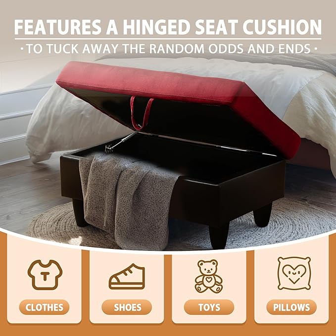 Ottoman Rectangular Storage Ottoman Bench, Flannel Footrest Stool Footstool with Lid for Living Room, Bedroom, Entryway, Red&Black, 35"x23.5"x17.5"-Ruum Studio Home