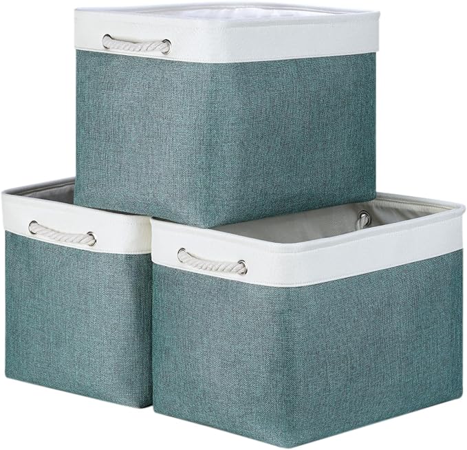 Bidtakay Large Storage Baskets for Shelves 3 Pack Fabric Storage Bins for Organizing Linen Collapsible Organizer for Closet-Deep Green-Ruum Studio Home