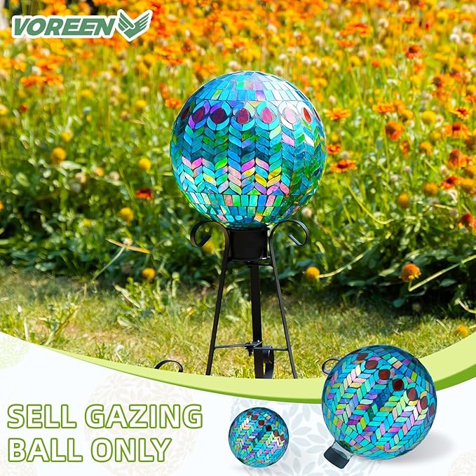 VOREEN Mosaic Glass Gazing Ball Outdoor Gazing Globe, Reflective Ball Yard Decoration for Homes, Patio, Lawn and Gardens, Gift for Mom Wife Friend, 10-Inch, Blue-Ruum Studio Home