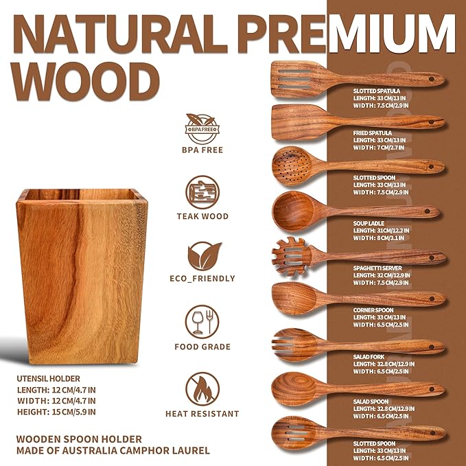 Gudamaye 13 inch Long Wooden Spoons for Cooking, 9 PCS Natural Teak Wooden Kitchen Utensil Set with Utensils Holder Made of Australia Camphor Laurel Wood，Wooden Utensils for Cooking-Ruum Studio Home