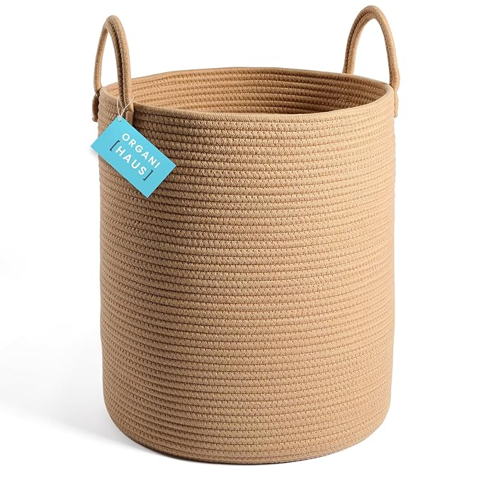OrganiHaus Large Woven Baskets for Storage 15x18, Cotton Rope Baskets for Storage, Tall Blanket Basket for Living Room, Nursery Laundry Basket, Big Basket for Toys, Basket for Blankets, Honey-Ruum Studio Home