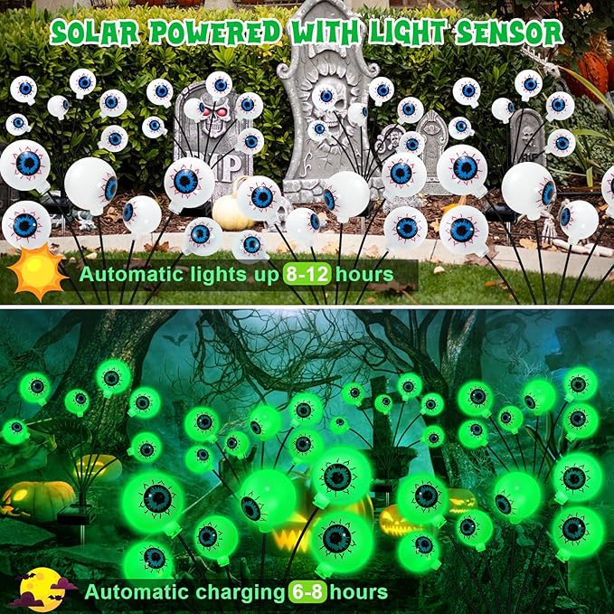 Solar Halloween Decorations, 4 Pack 24 LED Spooky Eyeball Lights, Outdoor Waterproof Solar Green Firefly Lights for Garden Yard Patio Pathway Lawn Halloween Party-Ruum Studio Home