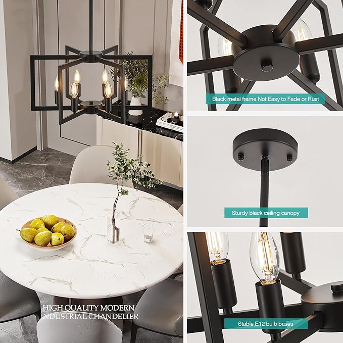 Modern Farmhouse Black Chandeliers for Dining Room, 6-Light Industrial Metal Chandeliers Geometric Pendant Lights Kitchen Island for Entryway Stairway Foyer Hallway-Ruum Studio Home